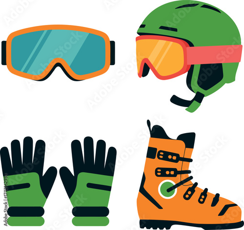 Winter sports gear collection ski goggles helmet gloves ski boots equipment vector