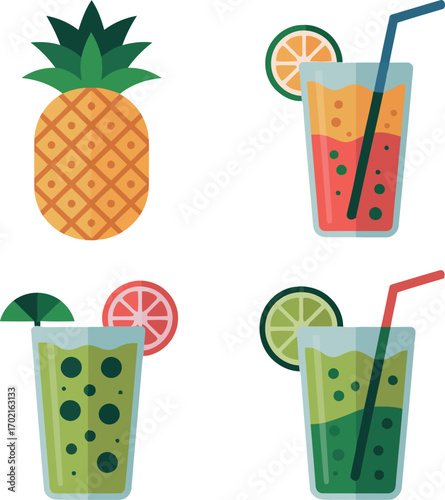 Tropical fruit drinks and pineapple refreshing summer beverages with citrus slices and straws vector