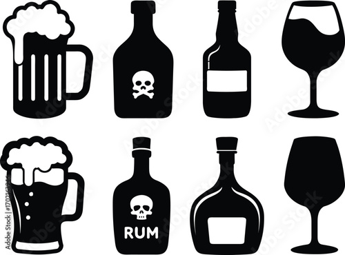 Beer, Wine, and Liquor Bottle Silhouette Vector