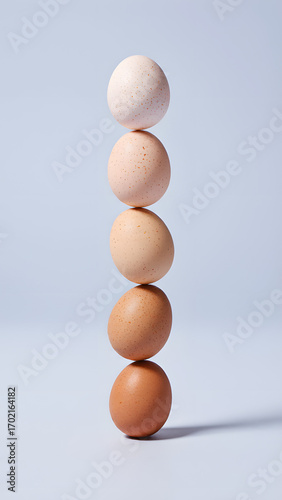 Three eggs stacked vertically in balance on pastel background