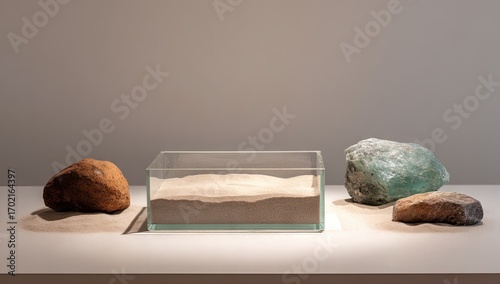 Minimalist Still Life Composition of Natural Rocks and Sand in Glass Container.