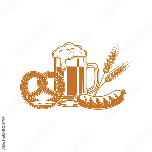 Refreshing beer mug pretzel sausage wheat stalks oktoberfest celebration brew drink vector