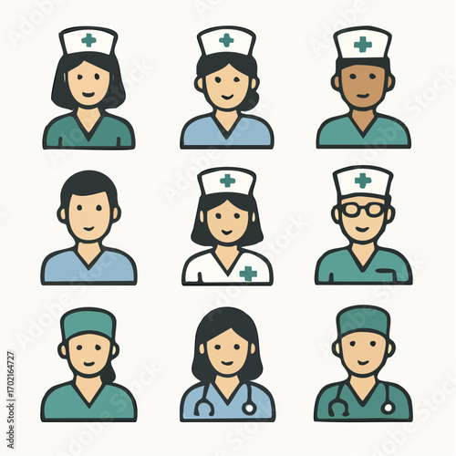 Diverse Group of Healthcare Professionals Wearing Uniforms and Medical Caps