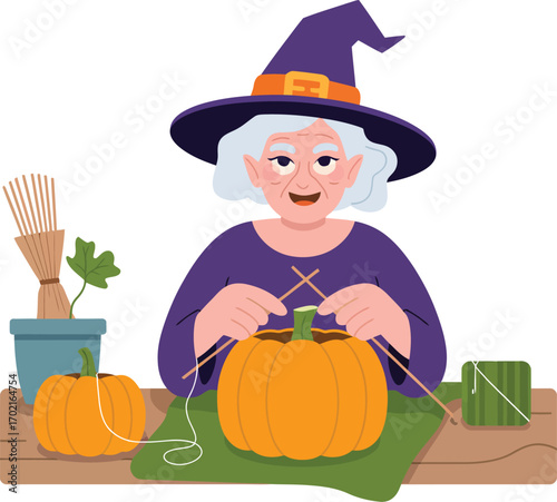Witch knitting a pumpkin with yarn and needles halloween