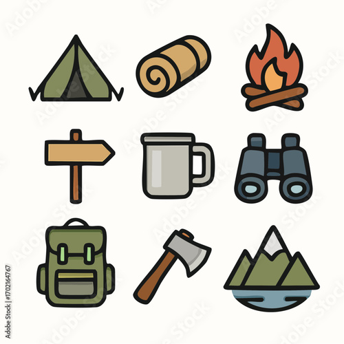 Outdoor adventure camping icons set including tent firewood binoculars mountains and backpack