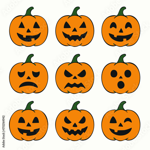 Set of nine Halloween-themed cartoon pumpkins with expressive faces for festive decoration