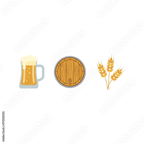 Refreshing beer mug wooden barrel wheat stalks simple graphic elements beverage icons isolated vector