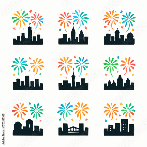 Vibrant Cityscape with Fireworks Celebration and Night Sky Scenes