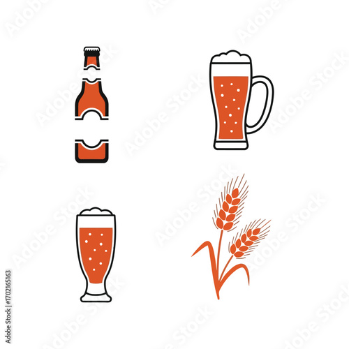 Craft beer brewing ingredients and drinks icons showing bottle glass and barley elements vector