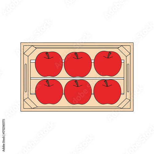 Fresh ripe red apples packed in wooden crate top view healthy fruit produce vector