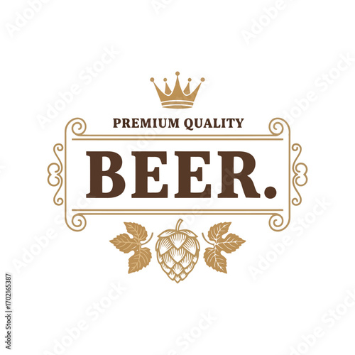 Premium quality beer emblem with hops and crown for craft brews and pubs vector