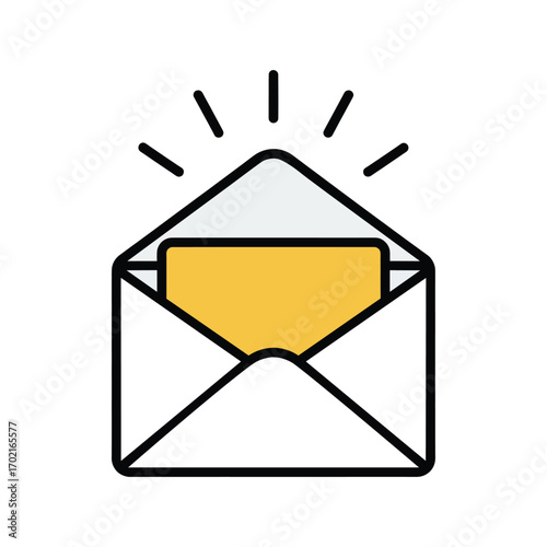 Vector illustration of open envelope with yellow letter inside, representing communication, email, message delivery, and postal correspondence in modern minimal style