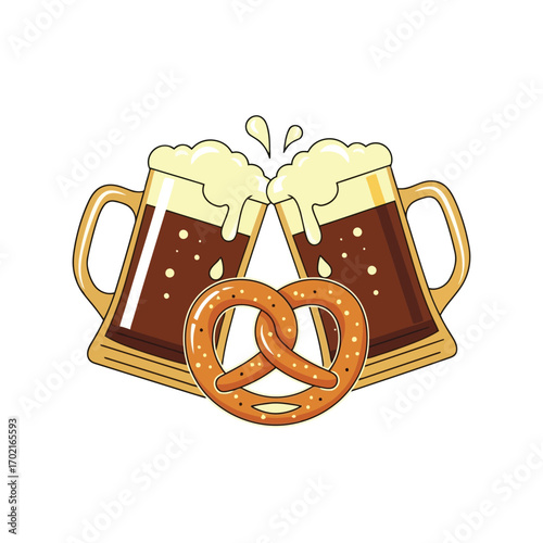 Oktoberfest cheers two beer mugs clinking with pretzel celebration toast vector