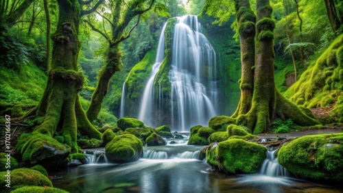 waterfall cascading down moss covered tree trunks in lush green forest