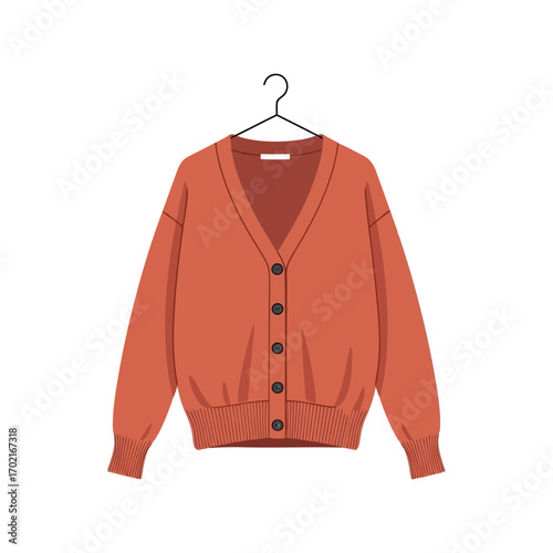Stylish coral orange cardigan sweater isolated object clothing fashion vector