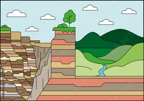 Paisaje de montaña con cañones y estratos geológicos 