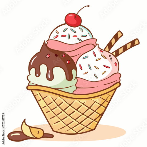 Colorful Ice Cream Sundae in Waffle Bowl