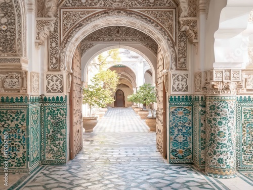 Intricate Islamic Archway with Teal and White Tilework