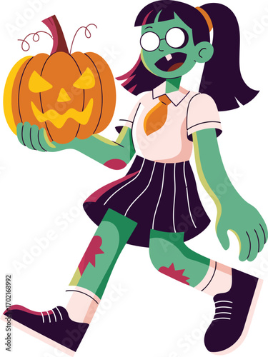 Green skinned girl in school uniform holding carved pumpkin