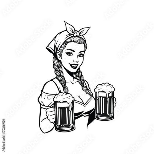 Retro pinup woman holding beer mugs oktoberfest style illustration vector art vector