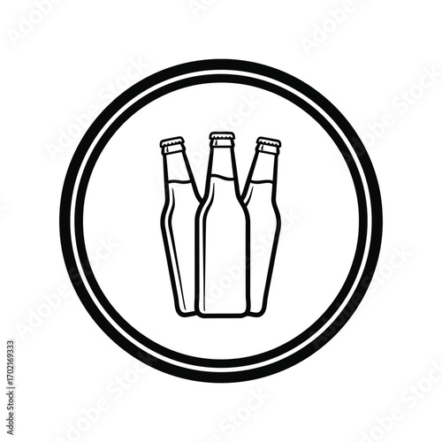 Three outline style beer bottles inside a circle border for beverage branding and design vector