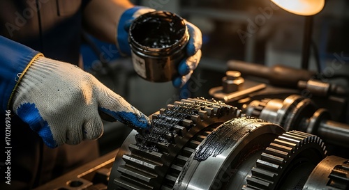 Close-up on a worker lubricating machinery with high-performance grease