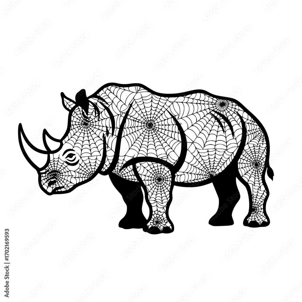 Fototapeta premium A digitally crafted artistic rendering of a rhinoceros. Its textured skin features intricate spiderweb patterns, creating a bold and symbolic fusion of wildlife and design.