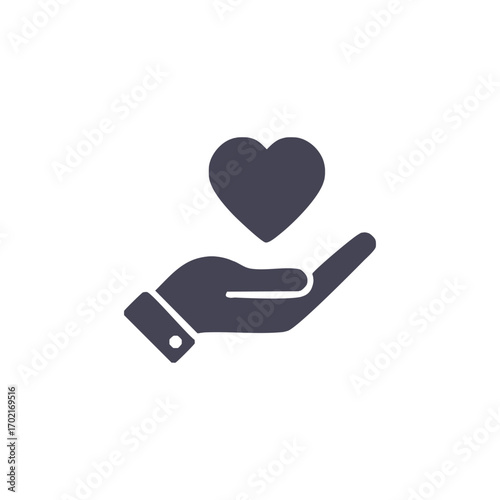 A simple flat vector icon of a hand holding a heart, symbolizing love, care, and charity. A graphic illustration for health, donation, and support concepts