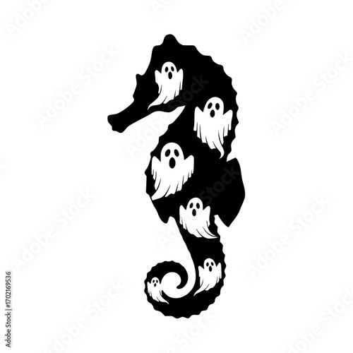 A whimsical illustration presents a seahorse-shaped silhouette, its body filled with spectral ghosts, set against a blank space, suitable for Halloween or other thematic projects.