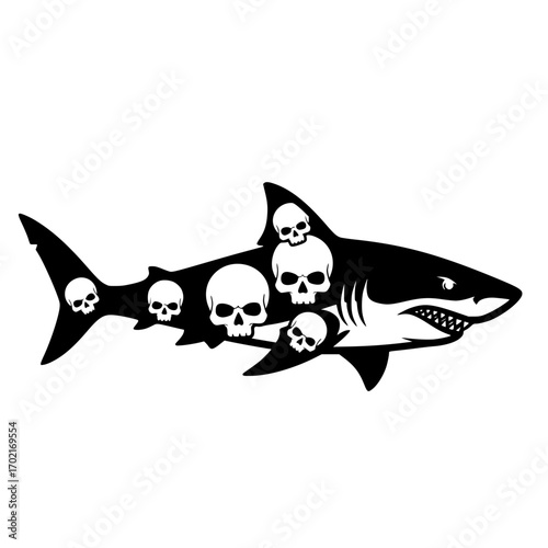 A striking graphic, an edgy illustration of a shark overlaid with menacing skulls. The stark contrast and thematic symbolism create a powerful visual statement. vector illustration