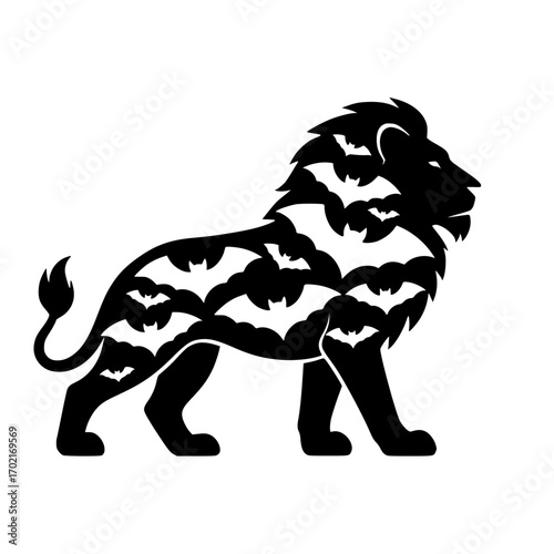 A majestic lion composed of bat silhouettes, a striking visual allegory embodying the primal power of the wild and the mystique of nocturnal creatures. vector illustration