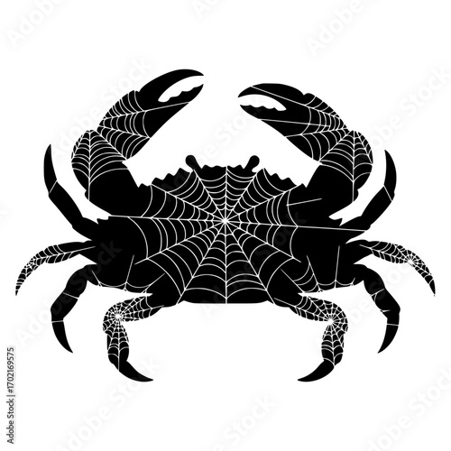 A unique graphic portrayal of a crab with intricate spiderwebs over its shell. The stark contrast between the dark crab silhouette and the delicate webs makes it a striking, symbolic visual.