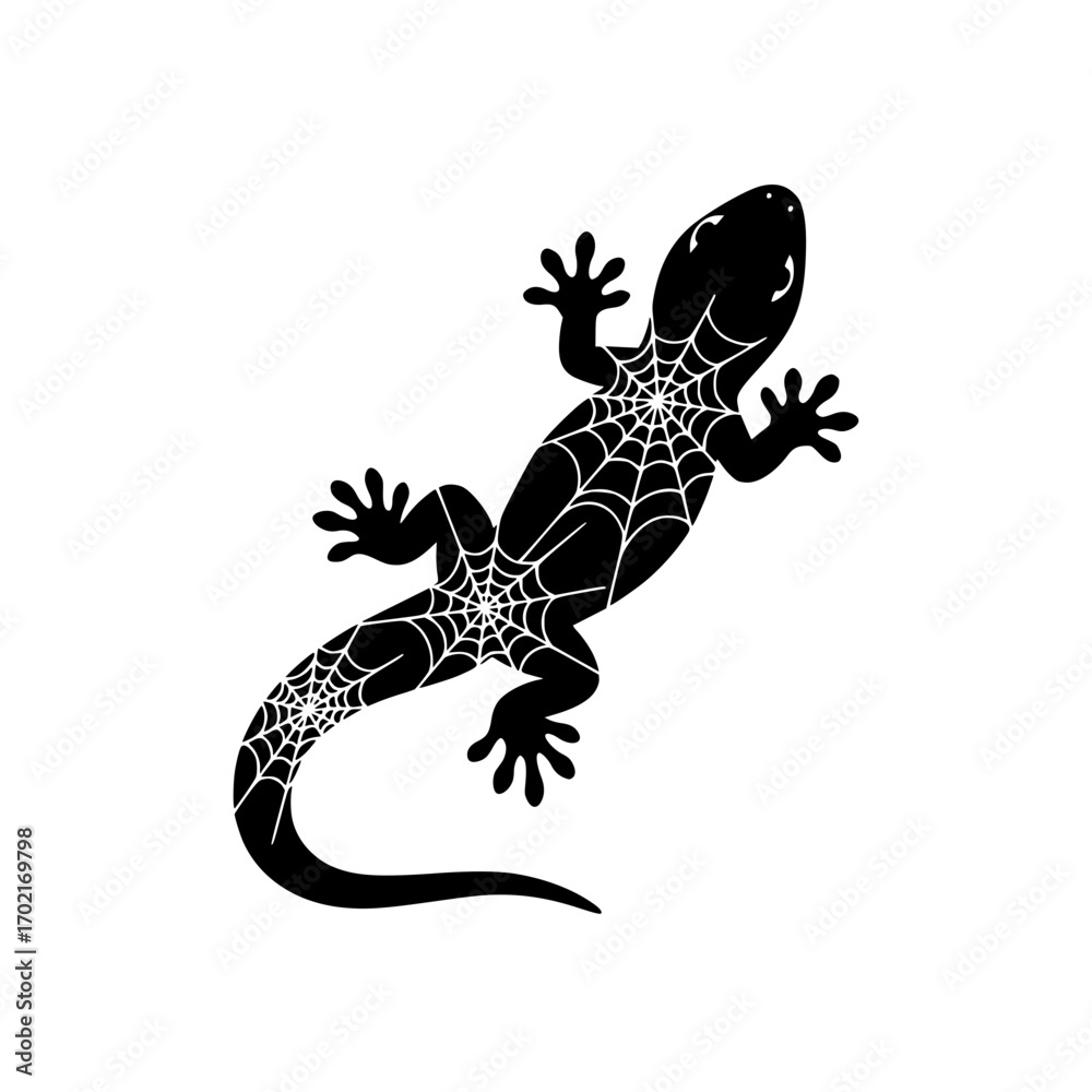 Naklejka premium A stylized black silhouette of a gecko is adorned with intricate spiderweb patterns, a striking design element. vector illustration