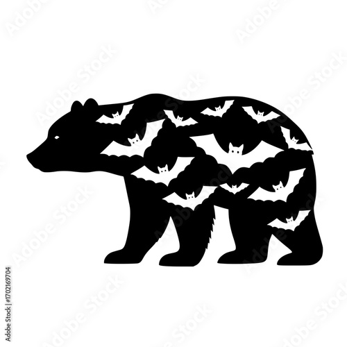 A silhouetted bear, its form adorned with an array of intricate bat silhouettes. A striking composition that merges the wildness of nature with the mystique of the night.  vector illustration