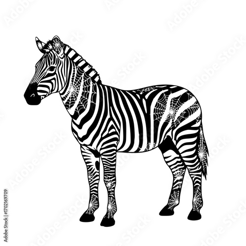 A stunning digital illustration of a zebra showcasing striking black and white stripes with a touch of artistic flair. The zebra stands majestically, its unique pattern capturing the eye.