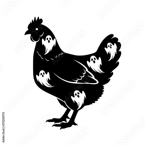 A quirky Halloween-themed illustration features a chicken with spooky ghost-shaped patterns, a delightful and slightly eerie representation of farm life with a festive twist. vector illustration