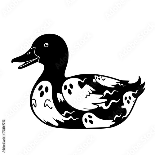 A spooky and whimsical rubber duck design featuring ghostly apparitions, creating a fun and eerie scene. vector illustration