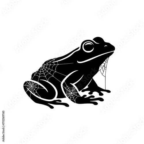 An illustrative black frog, intricately designed with spiderwebs, showcasing a unique blend of amphibian life with an element of fantasy.  vector illustration
