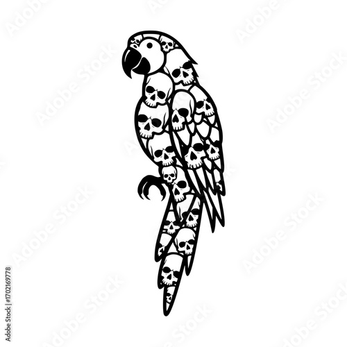 An artistic vector illustration featuring a unique parrot composed entirely of skulls, a striking depiction of life and death and a bold statement on mortality.