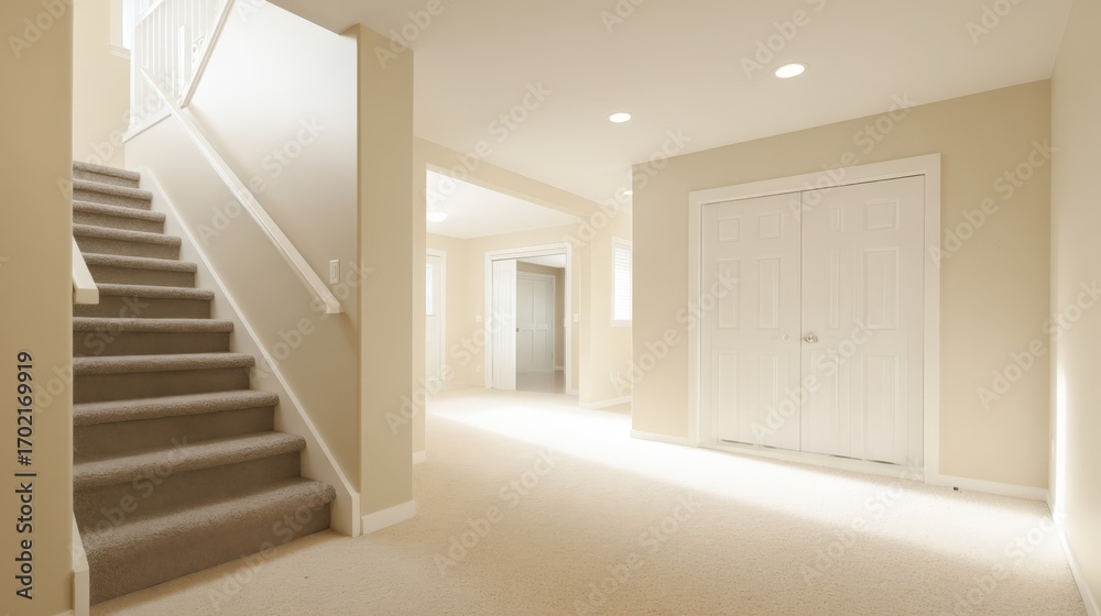 Fototapeta premium Bright, Spacious Interior of a Modern Home with Staircase, Wardrobe, and Neutral Color Palette
