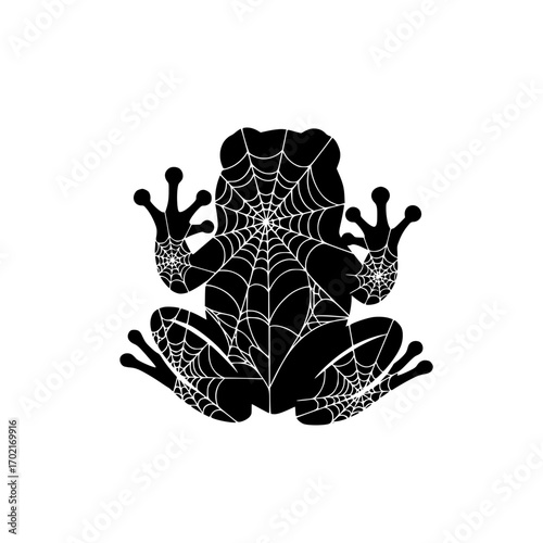 A whimsical illustration presents a frog-spider hybrid silhouette, where intricate spiderweb designs adorn the creature's form, creating a surreal, artistic embodiment.