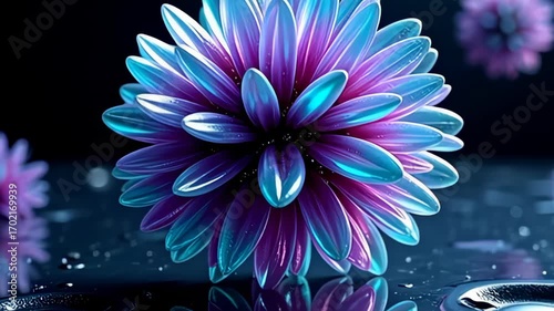 An elegant symmetrical molecule floating like digital flower bloom radiates in shades of emerald and deep violet, each petal-like structure gracefully expanding and contracting, while the