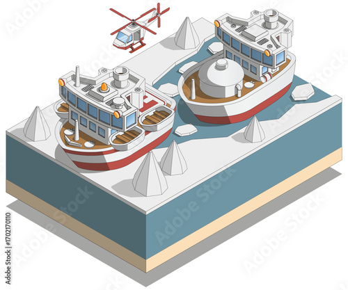 Icebreaker leads ship. Isometric. Isolated on white background. Vector illustration.
