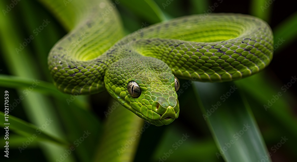Obraz premium Emerald Assassin: Green Viper in the Grass