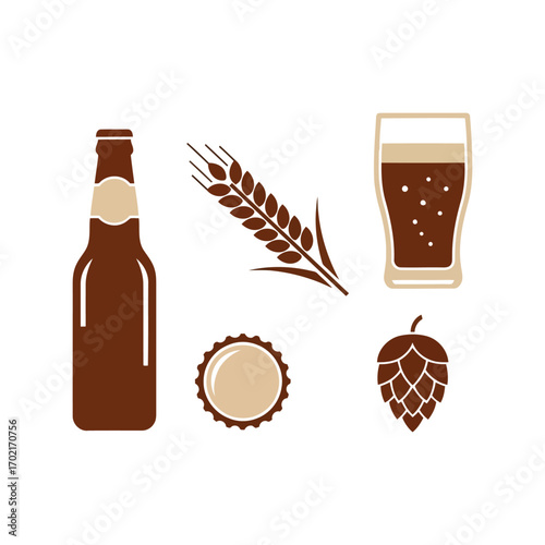 Craft beer ingredients and beverage bottle icon set with wheat and hop for brewing vector