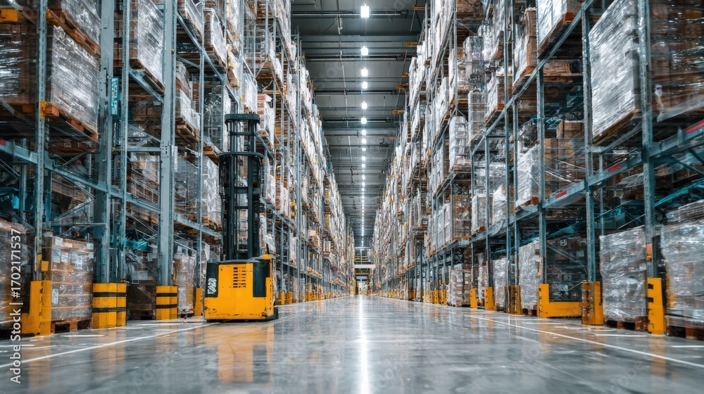 Fototapeta premium Large Distribution Warehouse Interior with Forklift and Pallet Racks, High Angle View, Professional Logistics