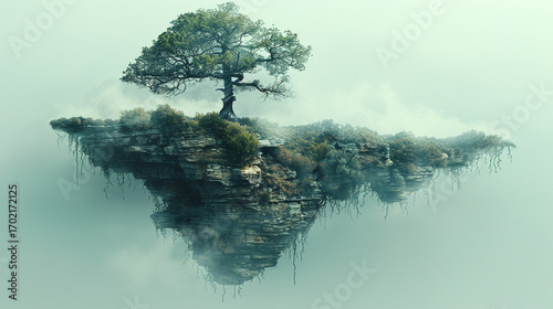 Mystical floating island with a lone tree in a foggy landscape.