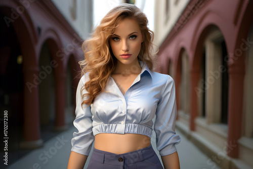Confident woman with curly hair poses in a stylish blue jacket in an indoor setting Free Download Confident woman with curly hair poses in a stylish blue jacket in an indoor setting - GFXLoad