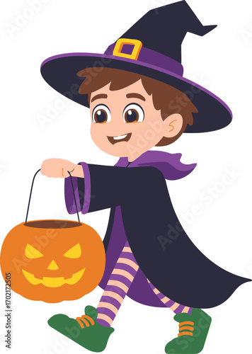 Cartoon boy in witch costume holding jack o lantern trick or treat bucket