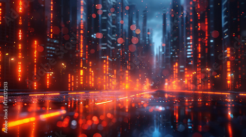 Futuristic city street at night with rain and vibrant lights.